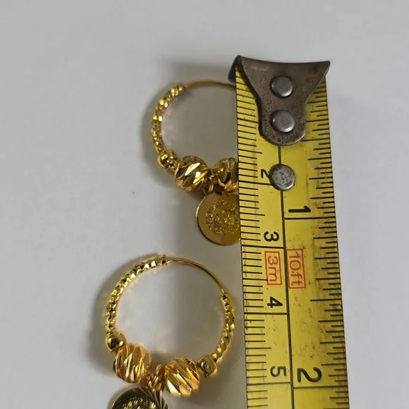 Vintage Dangle Hoop Earrings — Textured Beads & Coin Charms - Picture 5 of 5